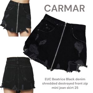 CARMAR Beatrice Black denim shredded destroyed front zip mini jean skirt 25